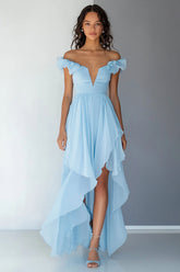 Schulterfreies A-Linie Himmelblaues Chiffon Ballkleid mit Rüschen